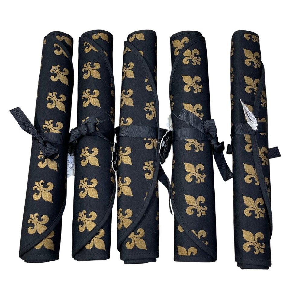 5 Placemats Fleur de Lis Chevron Black Gold NWT